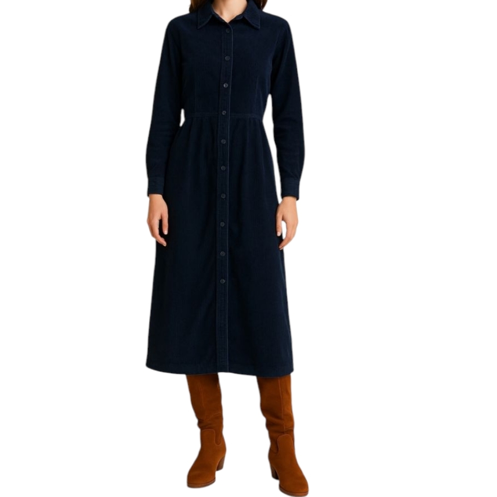 Vintage Mountain Lake Blue Wale Corduroy Button Up Midi Long Sleeve Dress 10